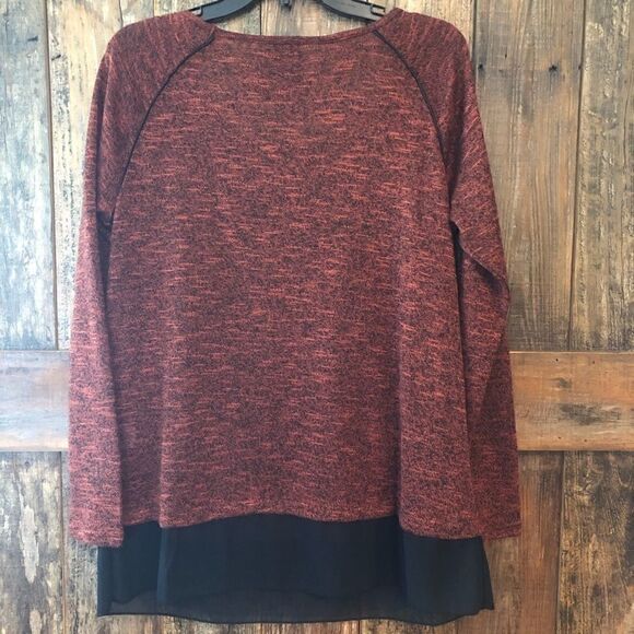 Allie & Rob Sz L Rust Red Black Sheer Hem Relaxed Fit Casual Long-Sleeve Top - Picture 9 of 9